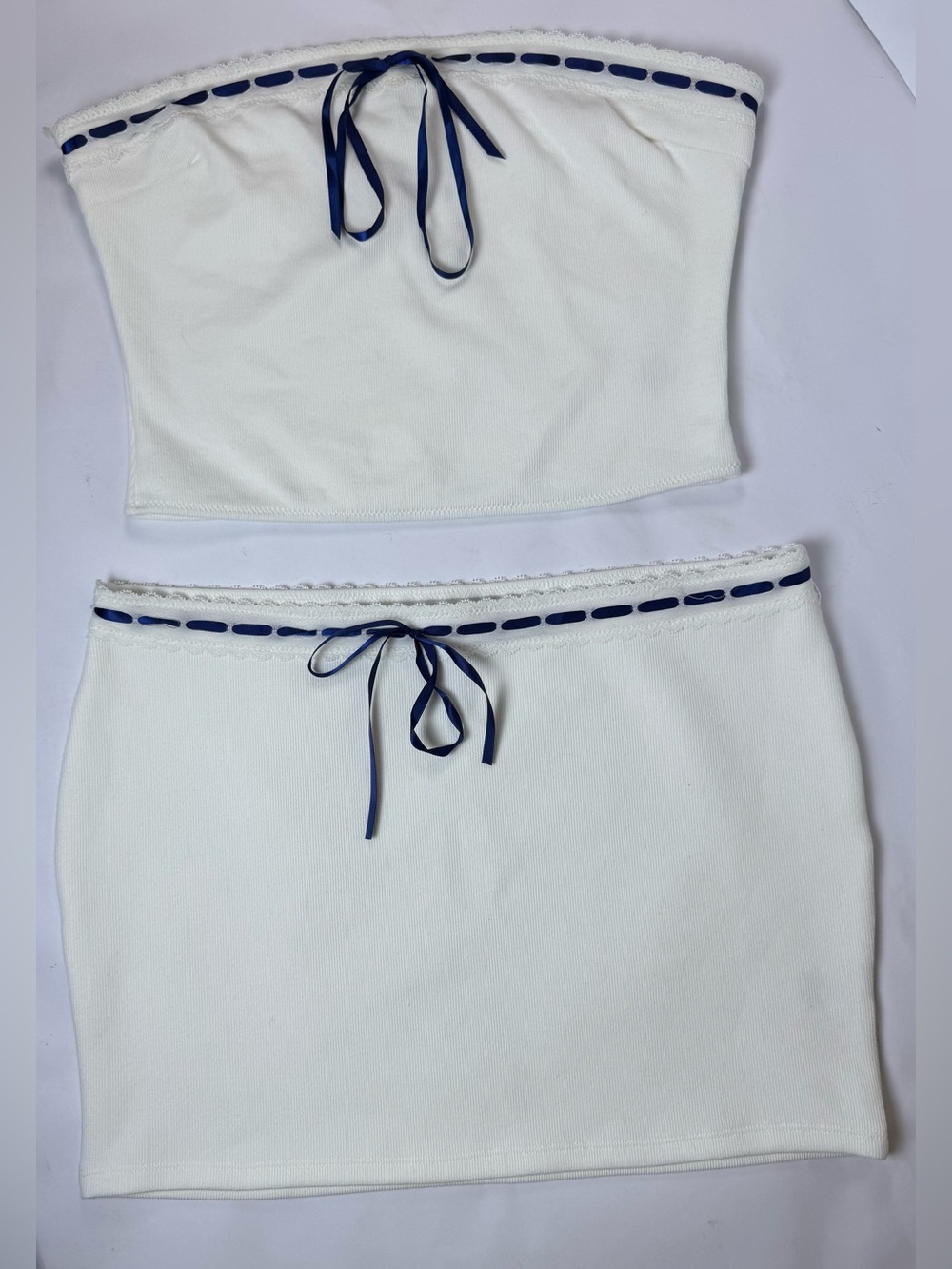White Fox Erase You Set White Ribbed Crop Top Mini Skirt 2PC Blue Ribbon